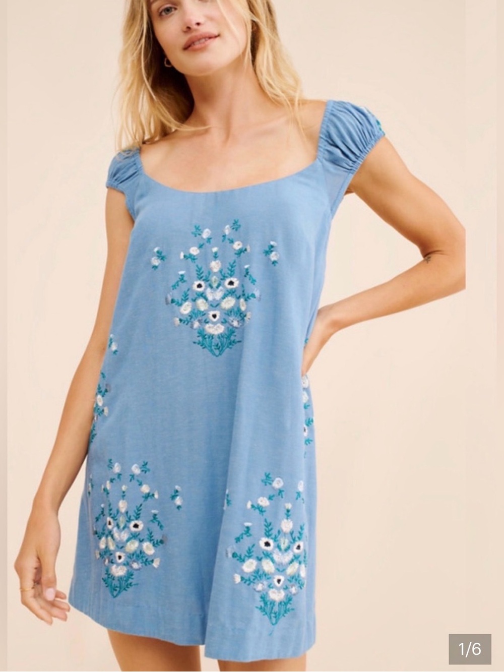 Free People Blue Embroidered Cap-Sleeve Mini Dress!